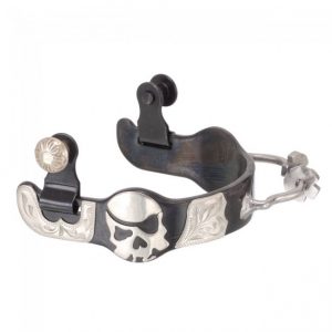 Black Steel Ladies Bumper Spurs with Engraved Silver Skull Overlay
